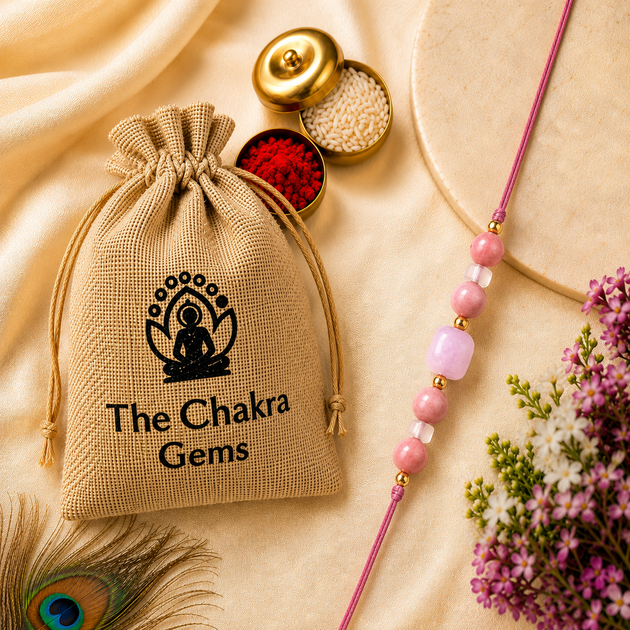 Eternal Love Rakhi – Rose Quartz, Rhodonite & Kunzite Crystal Rakhi
