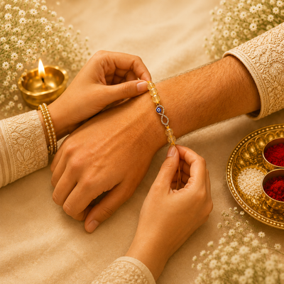 Natural Citrine Rakhi with Infinity Charm & Evil Eye