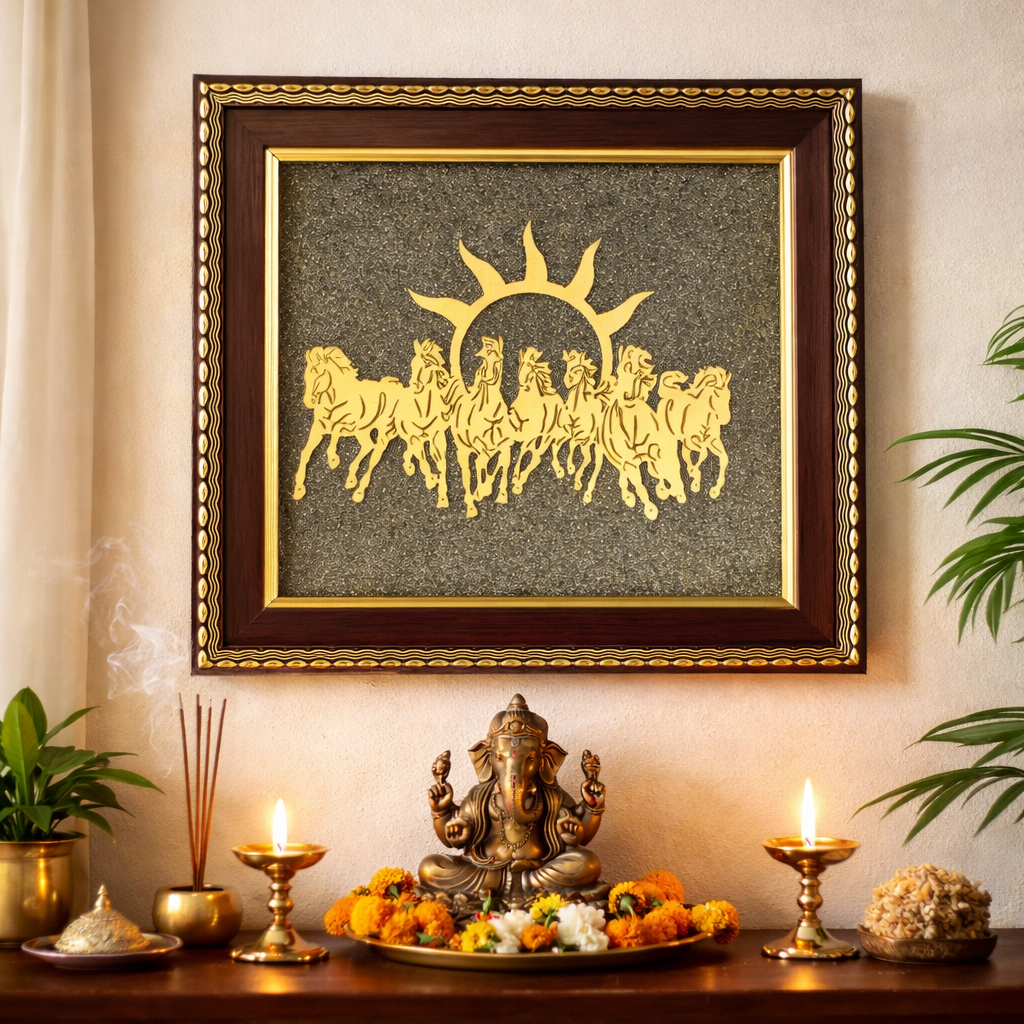 7 Horses Pyrite Frame for Vastu & Prosperity