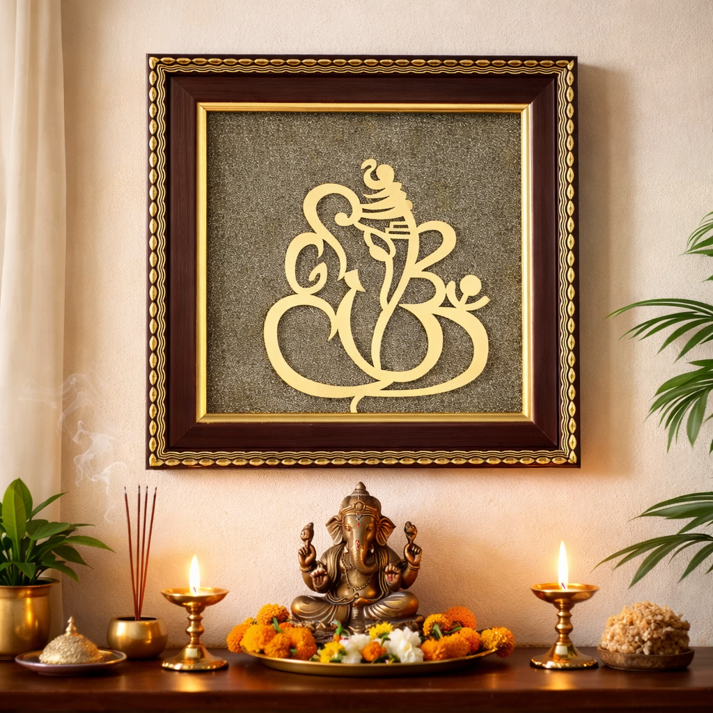 Ganesh Ji Raw Pyrite Frame for Good Fortune & Prosperity