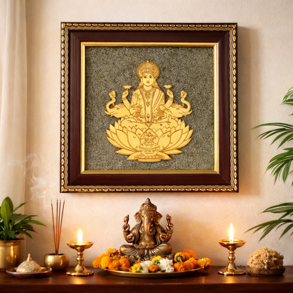 Goddess Gajalakshmi Raw Pyrite Frame for Wealth & Fortune