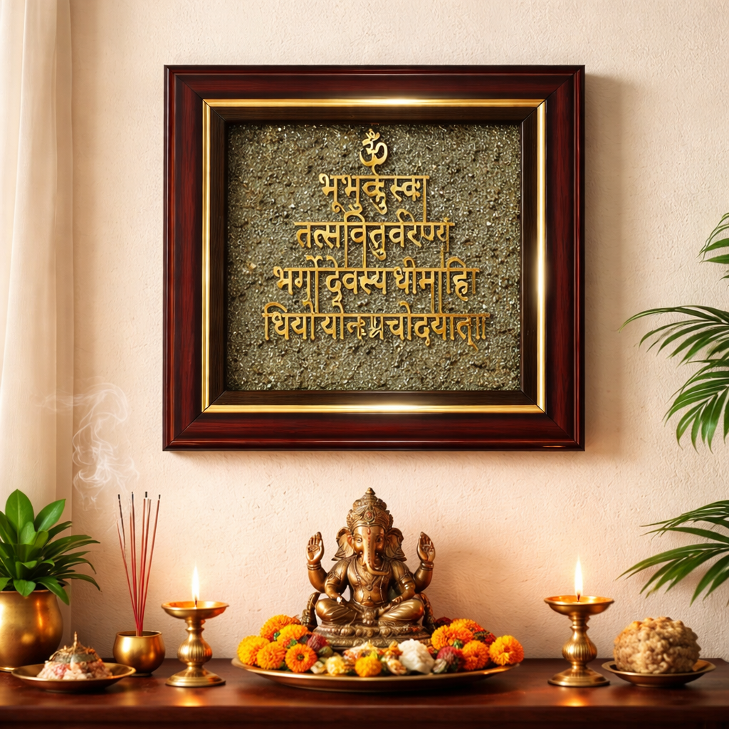 Gayatri Mantra Raw Pyrite Frame for Wisdom & Clarity