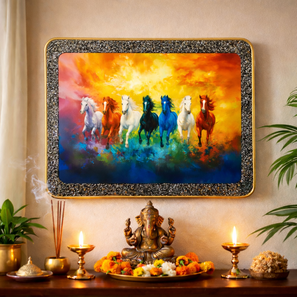 7 Rainbow Horses Raw Pyrite Frame for Wealth & Harmony