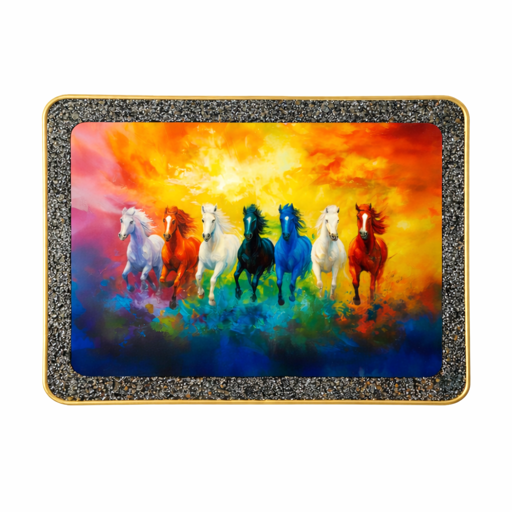 7 Rainbow Horses Raw Pyrite Frame for Wealth & Harmony