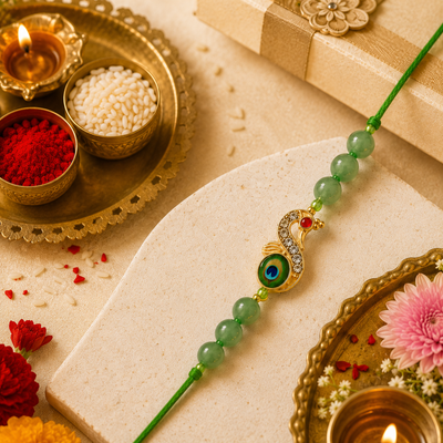 Lucky Prosperity Rakhi – Green Aventurine Peacock Charm Rakhi