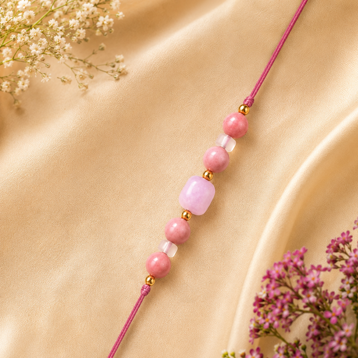 Eternal Love Rakhi – Rose Quartz, Rhodonite & Kunzite Crystal Rakhi