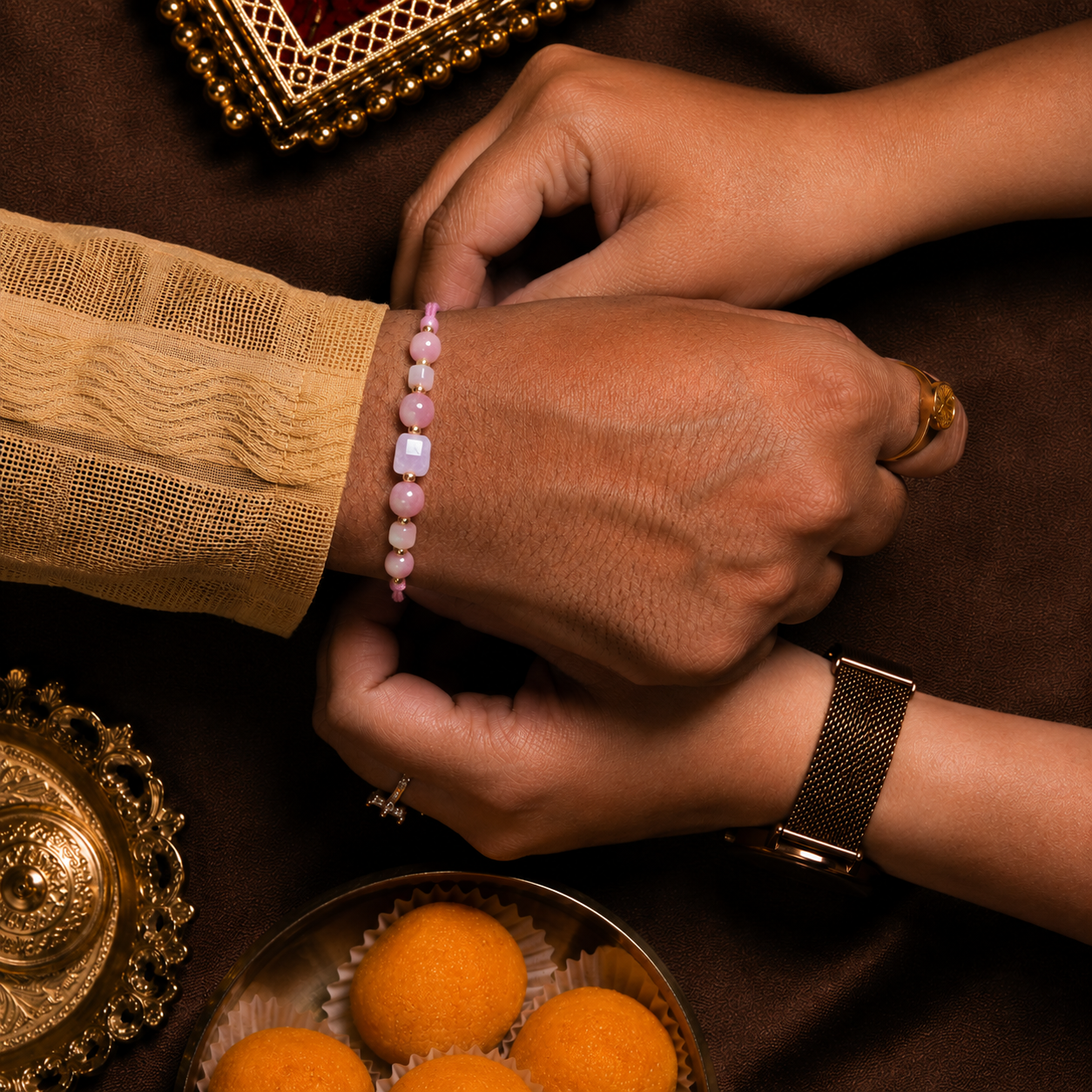 Eternal Love Rakhi – Rose Quartz, Rhodonite & Kunzite Crystal Rakhi