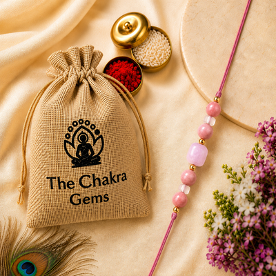 Eternal Love Rakhi – Rose Quartz, Rhodonite & Kunzite Crystal Rakhi