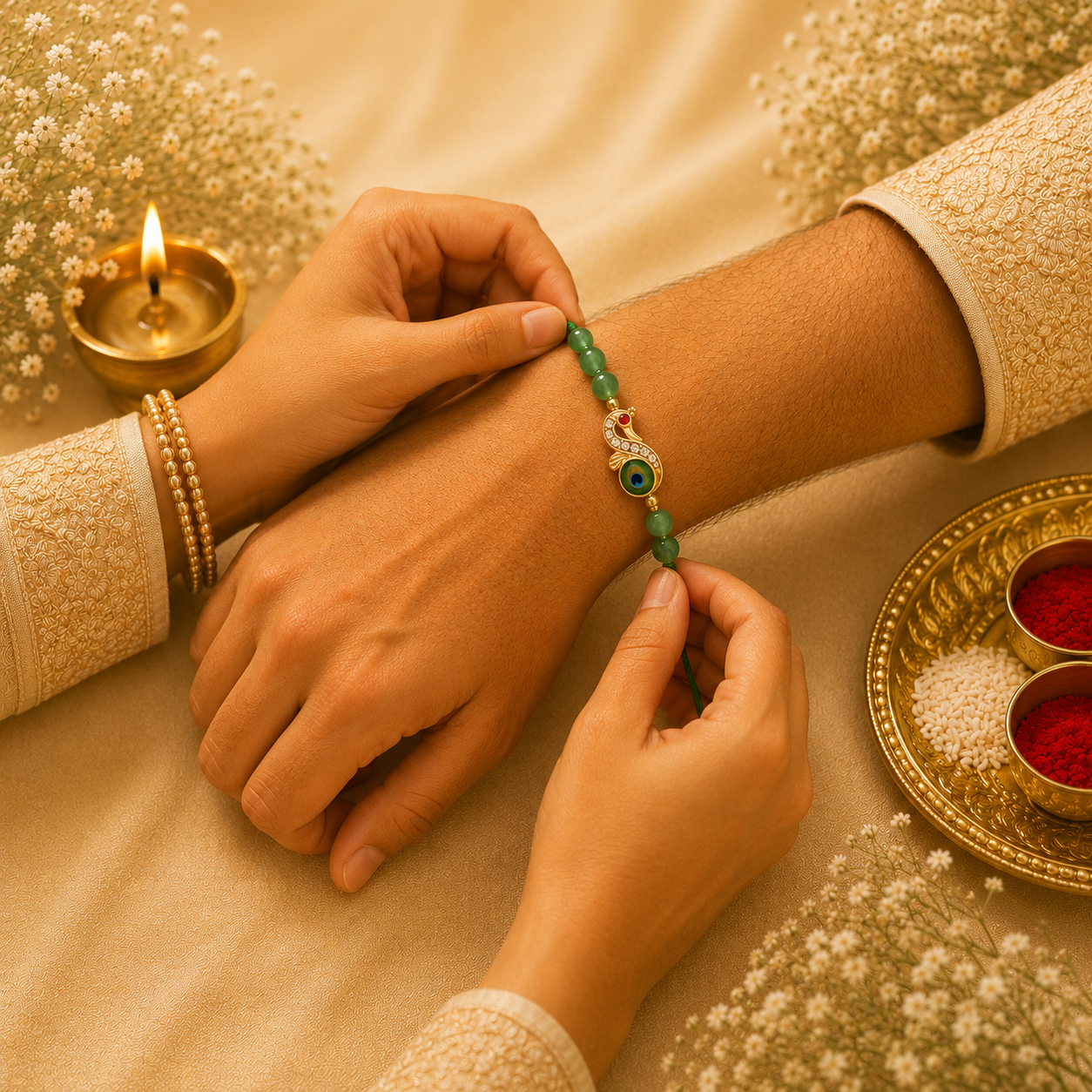 Lucky Prosperity Rakhi – Green Aventurine Peacock Charm Rakhi