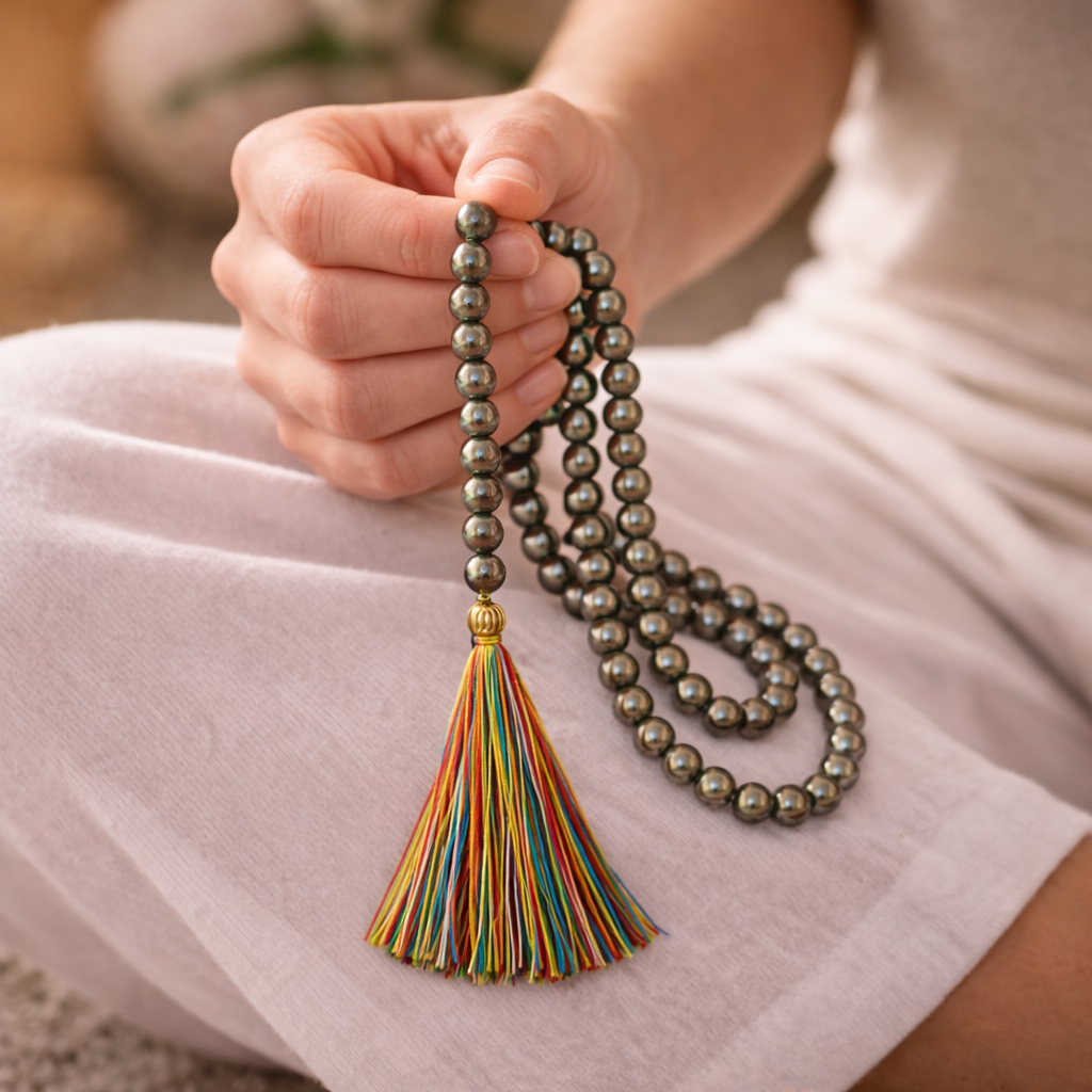 Natural Pyrite Japa Mala for Prosperity & Abundance