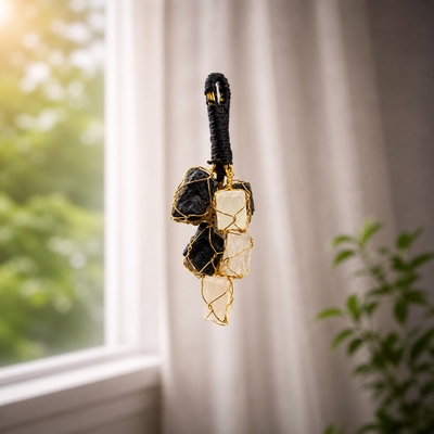 Black Tourmaline + Selenite Hanger for Protection, Cleansing, Energy Balance (Small)