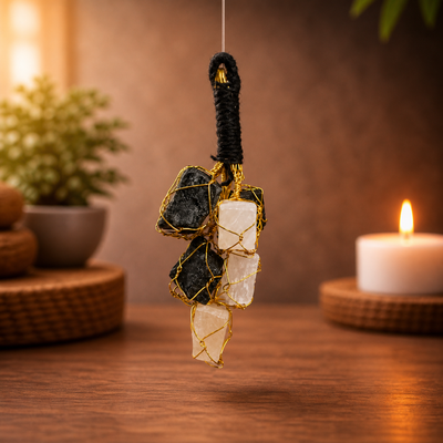 Black Tourmaline + Selenite Hanger for Protection, Cleansing, Energy Balance (Small)